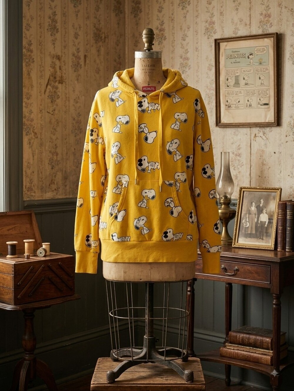 Peanuts Snoopy Woodstock Joe Cool All Over Print Yellow Pullover Hoodie Medium